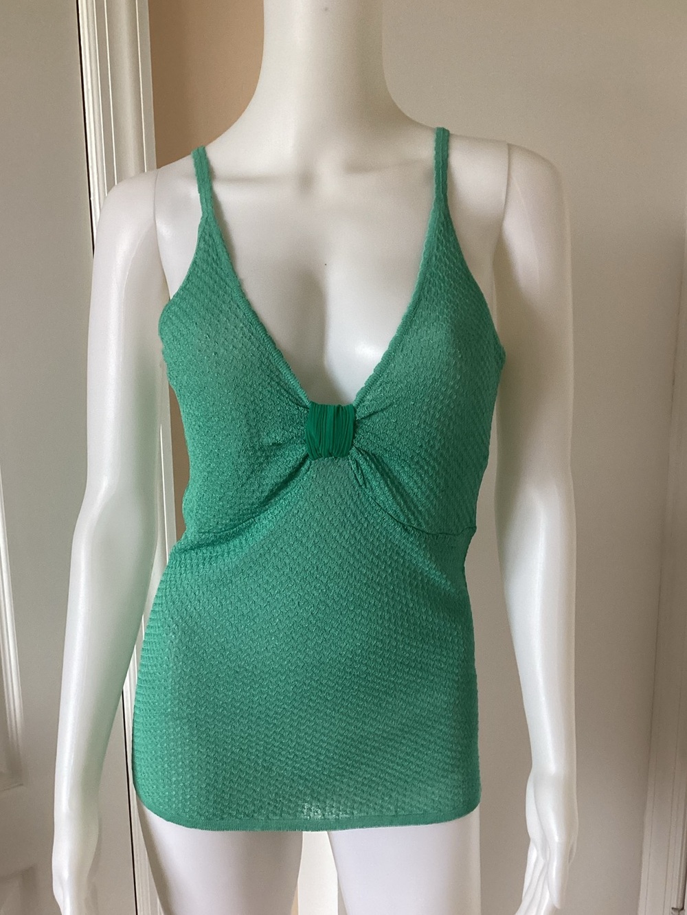Textured Green V-Neck Camisole with Center Knot